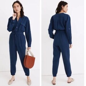 Madewell‎ Lightspun Tapered Leg Jumpsuit Size 8 Gauze Blue Cotton Button Belted